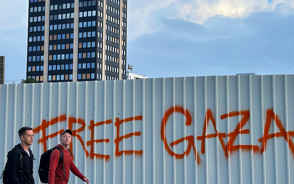 'Free Gaza' graffiti is scrawled on a metal barrier along a busy street in Ljubljana, Slovenia. (Larry Luxner via JTA) 'Free Gaza' graffiti is scrawled on a metal barrier along a busy street in Ljubljana, Slovenia. (Larry Luxner via JTA)