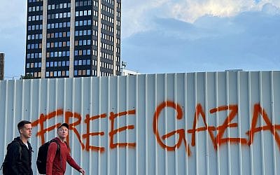'Free Gaza' graffiti is scrawled on a metal barrier along a busy street in Ljubljana, Slovenia. (Larry Luxner via JTA) 'Free Gaza' graffiti is scrawled on a metal barrier along a busy street in Ljubljana, Slovenia. (Larry Luxner via JTA)