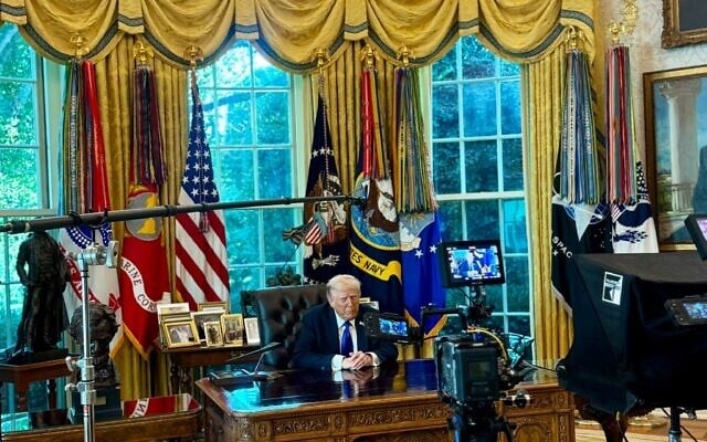 US President Donald Trump delivers a video statement regarding Hamas's response to his plan for ending the Gaza war on October 3, 2025. (Karoline Leavitt/X) US President Donald Trump delivers a video statement regarding Hamas's response to his plan for ending the Gaza war on October 3, 2025. (Karoline Leavitt/X)