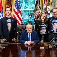 US President Donald Trump, sitting, hosts the family of slain Israeli-American hostage Omer Neutra on the second anniversary of his kidnapping by Hamas, at the Oval Office of the White House in Washington, DC, October 7, 2025. (White House)