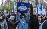 Israel supporters, including Christian evangelicals, participate in the United for Israel march outside of Columbia University in New York City on April 25, 2024. (Stephanie Keith/Getty Images via JTA)
