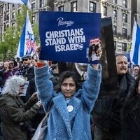 Israel supporters, including Christian evangelicals, participate in the United for Israel march outside of Columbia University in New York City on April 25, 2024. (Stephanie Keith/Getty Images via JTA)
