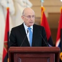 Stuart E. Eizenstat speaks during the US Holocaust Memorial Museum's Annual Days of Remembrance ceremony at the US Capitol on April 23, 2025, in Washington, DC. (Anna Moneymaker / GETTY IMAGES NORTH AMERICA / Getty Images via AFP)