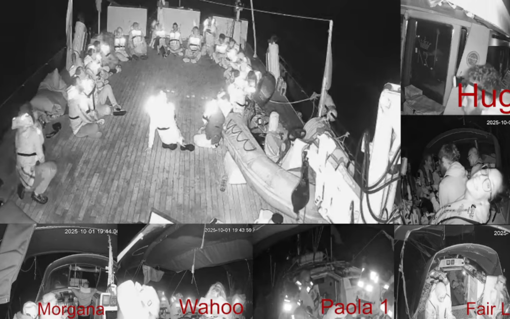 Activists are seen on boats part of the Global Sumud Flotilla, shortly before being intercepted by the Israeli Navy, October 1, 2025. (Screen capture/YouTube)