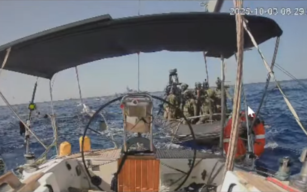 Israeli Navy troops board the Marinette vessel, part of the Global Sumud Flotilla, in the Mediterranean Sea, October 3, 2025 (Global Sumud Flotilla) Israeli Navy troops board the Marinette vessel, part of the Global Sumud Flotilla, in the Mediterranean Sea, October 3, 2025 (Global Sumud Flotilla)