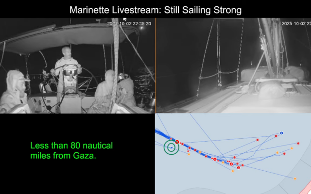 This screenshot from Global Sumud Flotilla's livestream shows the Marinette ship sailing, early October 3, 2025. (Screen capture/YouTube) This screenshot from Global Sumud Flotilla's livestream shows the Marinette ship sailing, early October 3, 2025. (Screen capture/YouTube)