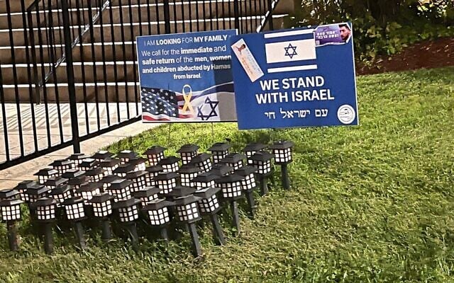 A synagogue in Teaneck, New Jersey, displays lanterns representing the hostages who were still alive in Gaza and the bodies of those who were also slated to be returned under a deal between Israel and Hamas, October 8, 2025. (JTA photo)
