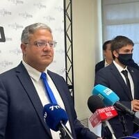 National Security Minister Itamar Ben Gvir speaks at a Knesset faction meeting in the Knesset on October 20, 2025 (Sam Sokol/ Times of Israel)