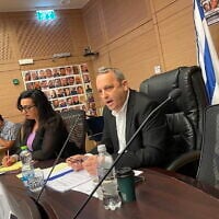 MK Gilad Kariv (The Democrats) chairs a meeting of the Knesset Immigration, Absorption and Diaspora Affairs Committee, October 21, 2025. (Sam Sokol/Times of Israel)