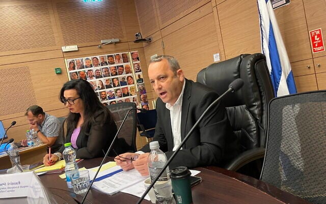MK Gilad Kariv (The Democrats) chairs a meeting of the Knesset Immigration, Absorption and Diaspora Affairs Committee, October 21, 2025. (Sam Sokol/Times of Israel)