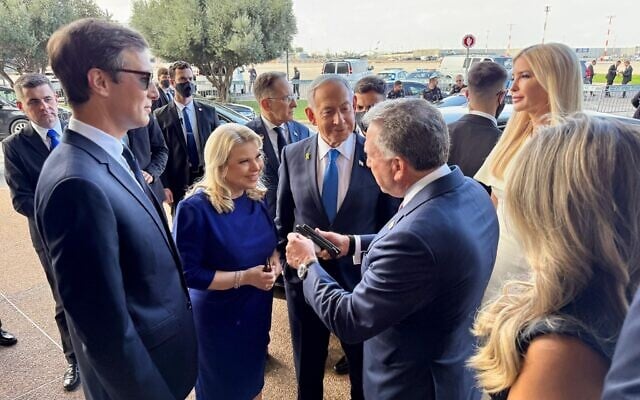Prime Minister Benjamin Netanyahu, Sara Netanyahu, Jared Kushner, Steve Witkoff and Ivanka Trump at Ben Gurion Airport on October 13, 2025. (Prime Minister’s Office)