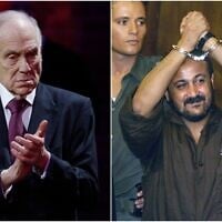 President of the World Jewish Congress Ronald Lauder (L) speaks during a commemoration of the 80th anniversary of the liberation of the German Nazi concentration and extermination camp Auschwitz-Birkenau by the Red Army, in Oswiecim, Poland on January 27, 2025. (WOJTEK RADWANSKI / AFP) Marwan Barghouti raises his handcuffed hands in the air on the opening day of his trial in Tel Aviv on August 14, 2002. (AP/Brennan Linsley)