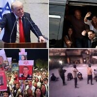 Top left: US President Donald Trump addresses the Knesset, Oct. 13, 2025. (Evelyn Hockstein/Pool via AP); Top right: Released hostage Alon Ohel gestures upon arrival with his family at Rabin Medical Center-Beilinson Hospital, in Petah Tikva, October 13, 2025. (REUTERS/Stoyan Nenov); Bottom left: Protesters at Habima Square in Tel Aviv hold up posters of some of the slain hostages who have not been returned to Israel, October 14, 2025. (Yael Gadot / Pro-Democracy Protest Movement); Bottom right: Image grab from a handout video released by the Hamas-run al-Aqsa TV's Telegram channel on October 13, 2025, showing Hamas gunmen executing blindfolded, bound and kneeling men as a crowd surrounds them in a street in Gaza City. (Al-Aqsa TV / AFP)