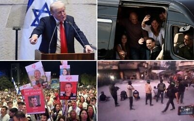 Top left: US President Donald Trump addresses the Knesset, Oct. 13, 2025. (Evelyn Hockstein/Pool via AP); Top right: Released hostage Alon Ohel gestures upon arrival with his family at Rabin Medical Center-Beilinson Hospital, in Petah Tikva, October 13, 2025. (REUTERS/Stoyan Nenov); Bottom left: Protesters at Habima Square in Tel Aviv hold up posters of some of the slain hostages who have not been returned to Israel, October 14, 2025. (Yael Gadot / Pro-Democracy Protest Movement); Bottom right: Image grab from a handout video released by the Hamas-run al-Aqsa TV's Telegram channel on October 13, 2025, showing Hamas gunmen executing blindfolded, bound and kneeling men as a crowd surrounds them in a street in Gaza City. (Al-Aqsa TV / AFP)