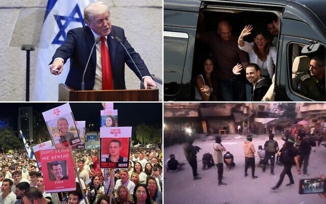 Top left: US President Donald Trump addresses the Knesset, Oct. 13, 2025. (Evelyn Hockstein/Pool via AP); Top right: Released hostage Alon Ohel gestures upon arrival with his family at Rabin Medical Center-Beilinson Hospital, in Petah Tikva, October 13, 2025. (REUTERS/Stoyan Nenov); Bottom left: Protesters at Habima Square in Tel Aviv hold up posters of some of the slain hostages who have not been returned to Israel, October 14, 2025. (Yael Gadot / Pro-Democracy Protest Movement); Bottom right: Image grab from a handout video released by the Hamas-run al-Aqsa TV's Telegram channel on October 13, 2025, showing Hamas gunmen executing blindfolded, bound and kneeling men as a crowd surrounds them in a street in Gaza City. (Al-Aqsa TV / AFP)