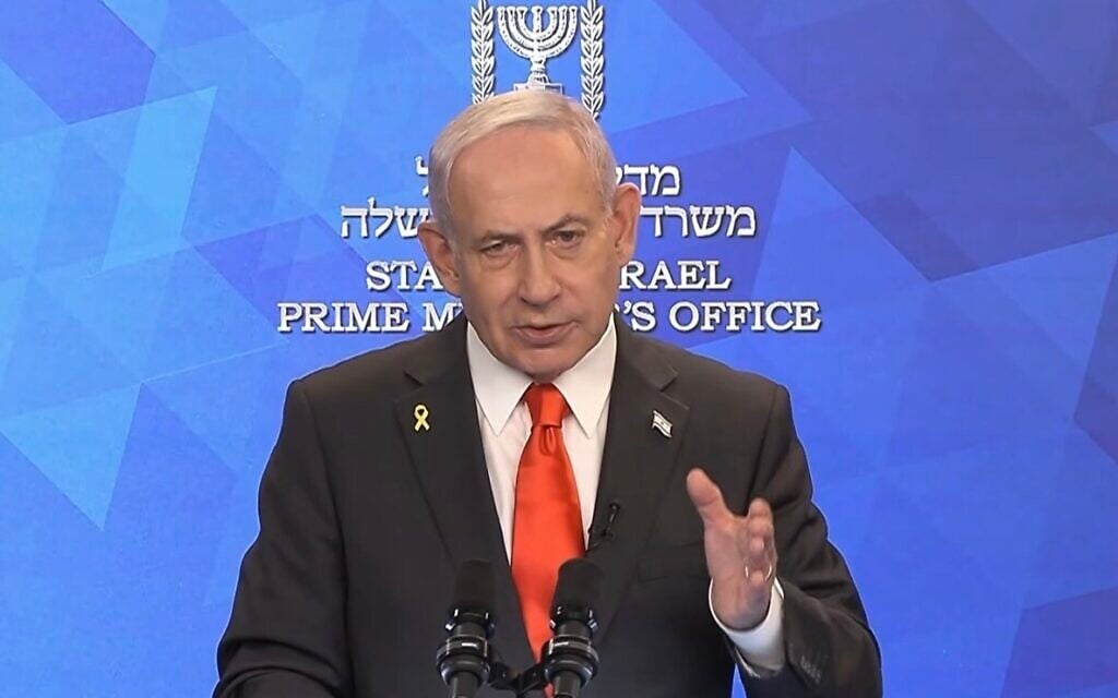 Prime Minister Benjamin Netanyahu delivers a video statement on a potential agreement to secure the release of all hostages held in Gaza, October 4, 2025. (GPO screenshot)