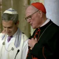 Rabbi Eliot Cosgrove (L) and Catholic Archbishop Timothy Dolan speak at Park Avenue Synagogue in New York City on October 3, 2025. (Park Avenue Synagogue on YouTube)