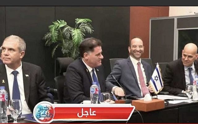 Israeli negotiators including Strategic Affairs Minister Ron Dermer (second left) and Gal Hirsch (left) are seen in a photo indicating success in the mediated Israel-Hamas negotiations on a Gaza hostage-ceasefire agreement in Sharm el-Sheikh, in the early hours of October 9, 2025. (Screenshot, via Telegram / used in accordance with clause 27a of the copyright law) Israeli negotiators including Strategic Affairs Minister Ron Dermer (second left) and Gal Hirsch (left) are seen in a photo indicating success in the mediated Israel-Hamas negotiations on a Gaza hostage-ceasefire agreement in Sharm el-Sheikh, in the early hours of October 9, 2025. (Screenshot, via Telegram / used in accordance with clause 27a of the copyright law)