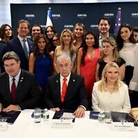 Prime Minister Benjamin Netanyahu, center, meets with pro-Israel American influencers at the Israel Consulate in New York on September 26, 2025. (Avi Ohayon/GPO)