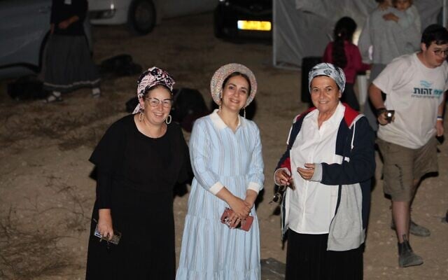 Otzma Yehudit MK Limor Son Har-Melech (C) and settler activist Daniella Weiss (R) at an encampment on the border with Gaza, October 2, 2025. (Tehilla Makler/Nachala Movement)