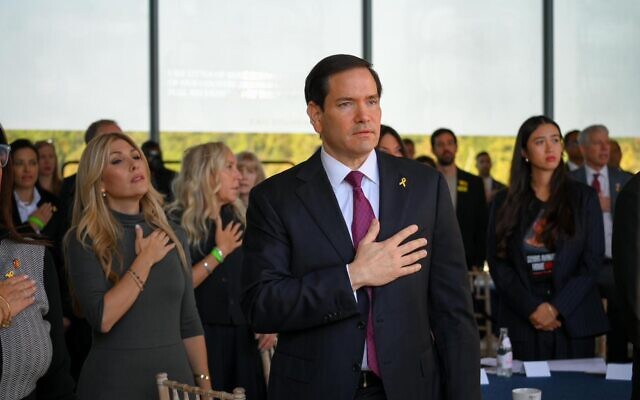 US Secretary of State Marco Rubio seen at the "Sukkah of Hope," at the Kennedy Center in Washington on October 7, 2025, at an event that brought together hostage families, Hamas captivity survivors, US cabinet members, and senior White House officials on the second anniversary of the October 7, 2023, Hamas invasion and massacre. (Roy Lavi / Hostages Families Forum)
