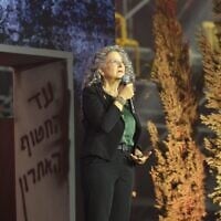 Bereaved mother Galit Dan speaks at the Bereaved Families Memorial Ceremony marking two years since the October 7, 2023, massacre, in Tel Aviv's Yarkon Park, on October 7, 2025. (Benny Rutloy/Hostages and Missing Families Forum)