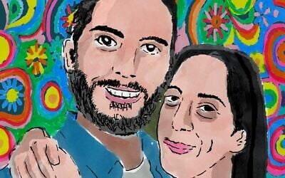 Artist Zeev Engelmayer's 'hug' series, of hostage Matan Zangauker
hugging his activist mother, Einav.(Courtesy)