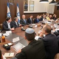 US envoy Steve Witkoff and US President Trump's son-in-law Jared Kushner  flank Prime Minister Benjamin Netanyahu at a cabinet meeting on October 9, 2025. (Maayan Toaf / GPO)
