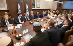 US envoy Steve Witkoff and US President Trump's son-in-law Jared Kushner  flank Prime Minister Benjamin Netanyahu at a cabinet meeting on October 9, 2025. (Maayan Toaf / GPO)