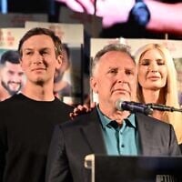 US Special Envoy for the Middle East Steve Witkoff (center) speaks at Hostages Square in Tel Aviv, accompanied by Jared Kushner (L) and Ivanka Trump, on October 11, 2025. (Paulina Patimer/Hostages and Missing Families Forum)