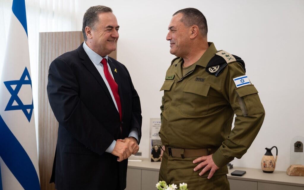 Defense Minister Israel Katz (left) and IDF Chief of Staff Lt. Gen. Eyal Zamir are seen at the Knesset, October 13, 2025. (Israel Defense Forces) Defense Minister Israel Katz (left) and IDF Chief of Staff Lt. Gen. Eyal Zamir are seen at the Knesset, October 13, 2025. (Israel Defense Forces)