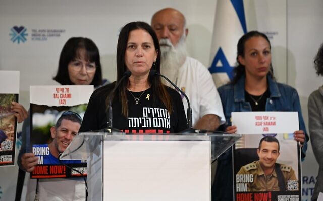 Anat Angrest, mother of former hostage Matan Angrest, gives an address at Ichilov Medical Center, in Tel Aviv, October 14, 2025. (Paulina Patimer/Hostages and Missing Families Forum) Anat Angrest, mother of former hostage Matan Angrest, gives an address at Ichilov Medical Center, in Tel Aviv, October 14, 2025. (Paulina Patimer/Hostages and Missing Families Forum)