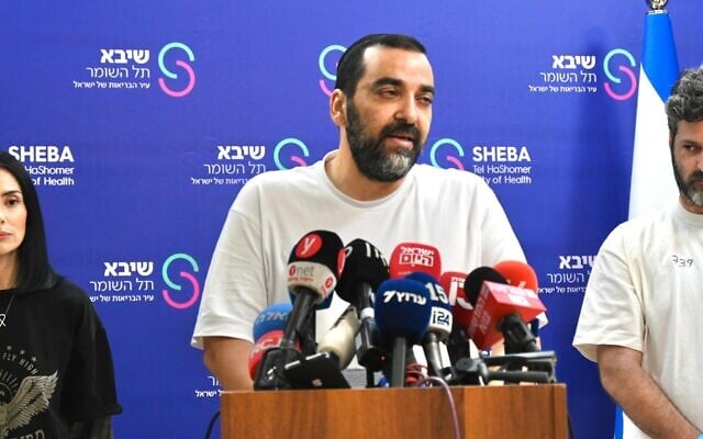 Avi Ohana, father of the newly released hostage Yosef Chaim Ohana, speaks at Sheba Hospital, in Ramat Gan, October 14, 2025. (Uriel Even Sapir / Hostages Families Forum) Avi Ohana, father of the newly released hostage Yosef Chaim Ohana, speaks at Sheba Hospital, in Ramat Gan, October 14, 2025. (Uriel Even Sapir / Hostages Families Forum)