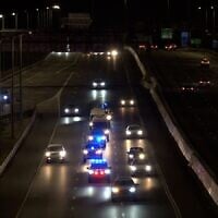 The bodies of four apparent slain hostages being escorted by Israel Police to the Abu Kabir forensic institute in Tel Aviv, early October 15, 2025. (Israel Police)