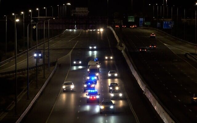 The bodies of four apparent slain hostages being escorted by Israel Police to the Abu Kabir forensic institute in Tel Aviv, early October 15, 2025. (Israel Police) The bodies of four apparent slain hostages being escorted by Israel Police to the Abu Kabir forensic institute in Tel Aviv, early October 15, 2025. (Israel Police)