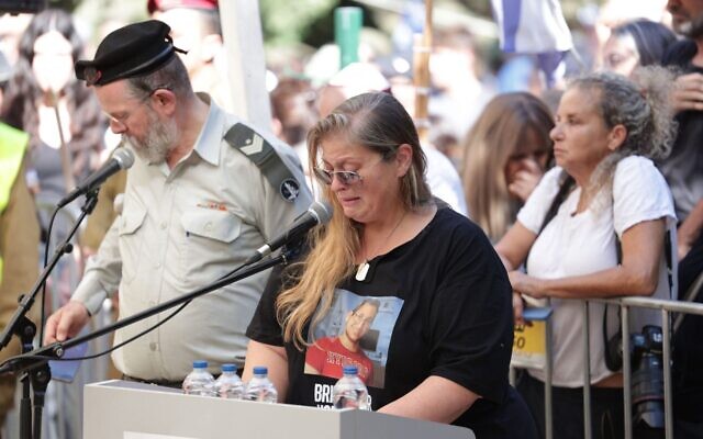 Herut Nimrodi, mother of slain hostage soldier Tamir Nimrodi, at his funeral in Kfar Saba on October 15, 2025. (Alon Gilboa/Hostages and Missing Families Forum)