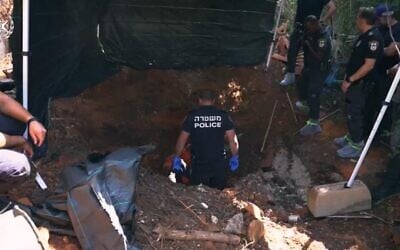 Police seen searching for the body of a Holocaust survivor who was allegedly buried in the backyard of her daughter's home on a picture released on October 20, 2025 (Israel Police) Police seen searching for the body of a Holocaust survivor who was allegedly buried in the backyard of her daughter's home on a picture released on October 20, 2025 (Israel Police)