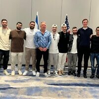 Released hostages with US special envoy Steve Witkoff and White House adviser Jared Kushner on October 21, 2025, in Tel Aviv (Hostage and Missing Families Forum)