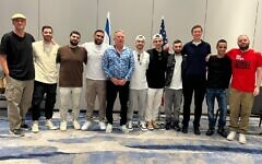 Released hostages with US special envoy Steve Witkoff and White House adviser Jared Kushner on October 21, 2025, in Tel Aviv (Hostage and Missing Families Forum)