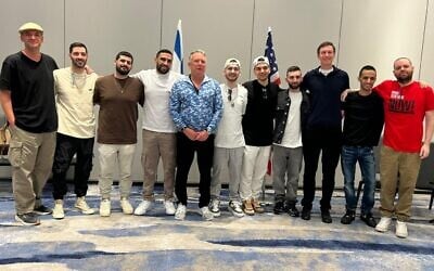 Released hostages with US special envoy Steve Witkoff and White House adviser Jared Kushner on October 21, 2025, in Tel Aviv (Hostage and Missing Families Forum)