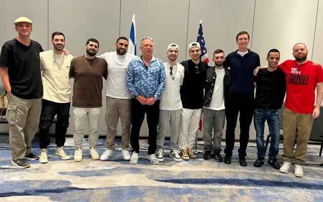 Released hostages with US special envoy Steve Witkoff and White House adviser Jared Kushner on October 21, 2025, in Tel Aviv (Hostage and Missing Families Forum)