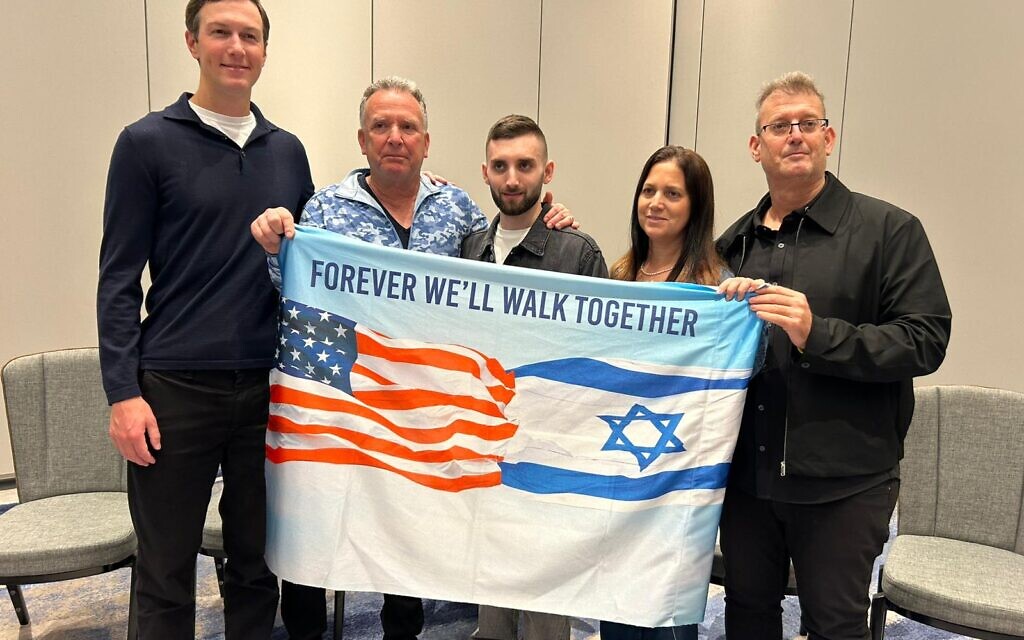L to R: Jared Kushner, Steve Witkoff, Matan Angrest, Anat Angrest, and Hagai Angrest in Tel Aviv, October 21, 2025. (Hostages and Missing Families Forum)