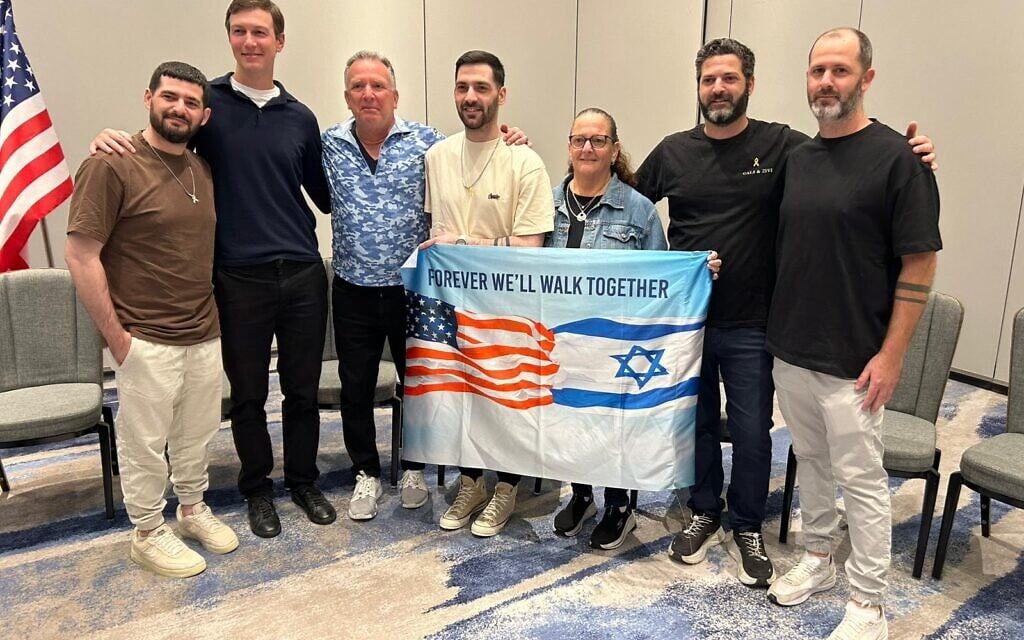 L to R: Ziv Berman, Jared Kushner, Steve Witkoff, Gali Berman, Talia Berman, Liran Berman, and Doron Berman in Tel Aviv, October 21, 2025. (Hostages and Missing Families Forum)