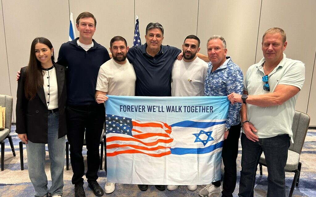Segev Kalfon and his family meet with Jared Kushner and Steve Witkoff in Tel Aviv, October 21, 2025. (Hostages and Missing Families Forum)