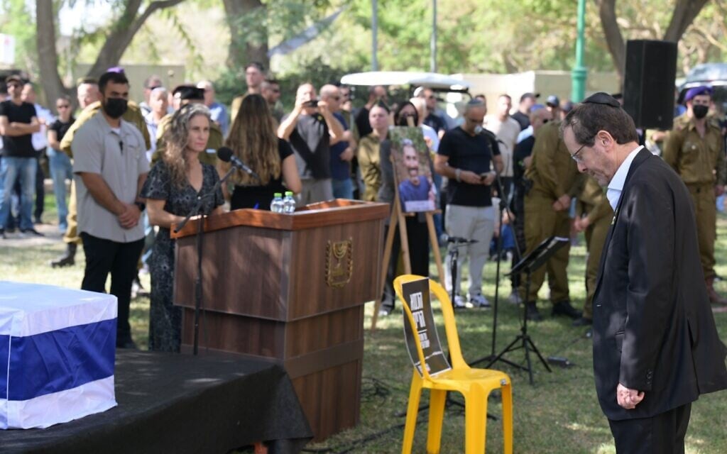 President Isaac Herzog pays his last respects at the funeral of Tamir Adar in Kibbutz Nir Oz on October 23, 2025. (Amos Ben-Gershom/GPO) President Isaac Herzog pays his last respects at the funeral of Tamir Adar in Kibbutz Nir Oz on October 23, 2025. (Amos Ben-Gershom/GPO)