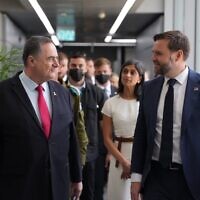 US Vice President JD Vance (right) meets with Defense Minister Israel Katz at Defense Ministry headquarters in Tel Aviv on October 23, 2025. (Elad Malka/Defense Ministry)
