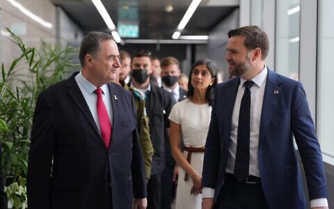 US Vice President JD Vance (right) meets with Defense Minister Israel Katz at Defense Ministry headquarters in Tel Aviv on October 23, 2025. (Elad Malka/Defense Ministry)