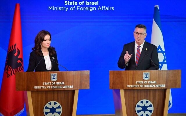 Foreign Minister Gideon Sa'ar (right) speaks alongside his Abanian counterpart Elisa Spiropali at the Foreign Ministry in Jerusalem on October 23, 2025. (GPO) Foreign Minister Gideon Sa'ar (right) speaks alongside his Abanian counterpart Elisa Spiropali at the Foreign Ministry in Jerusalem on October 23, 2025. (GPO)