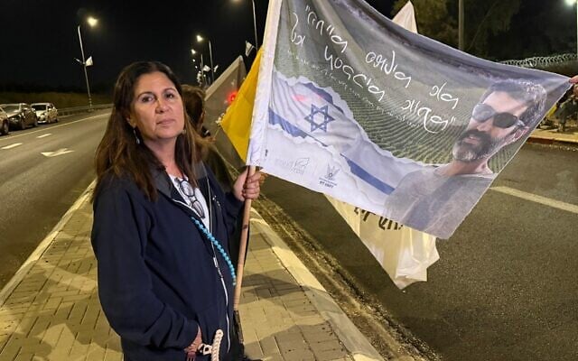 Yael Adar arrives at the Saad Junction to honor and accompany the convoy carrying the coffin of a deceased hostage on October 27, 2025. (Hostage Family Forum)