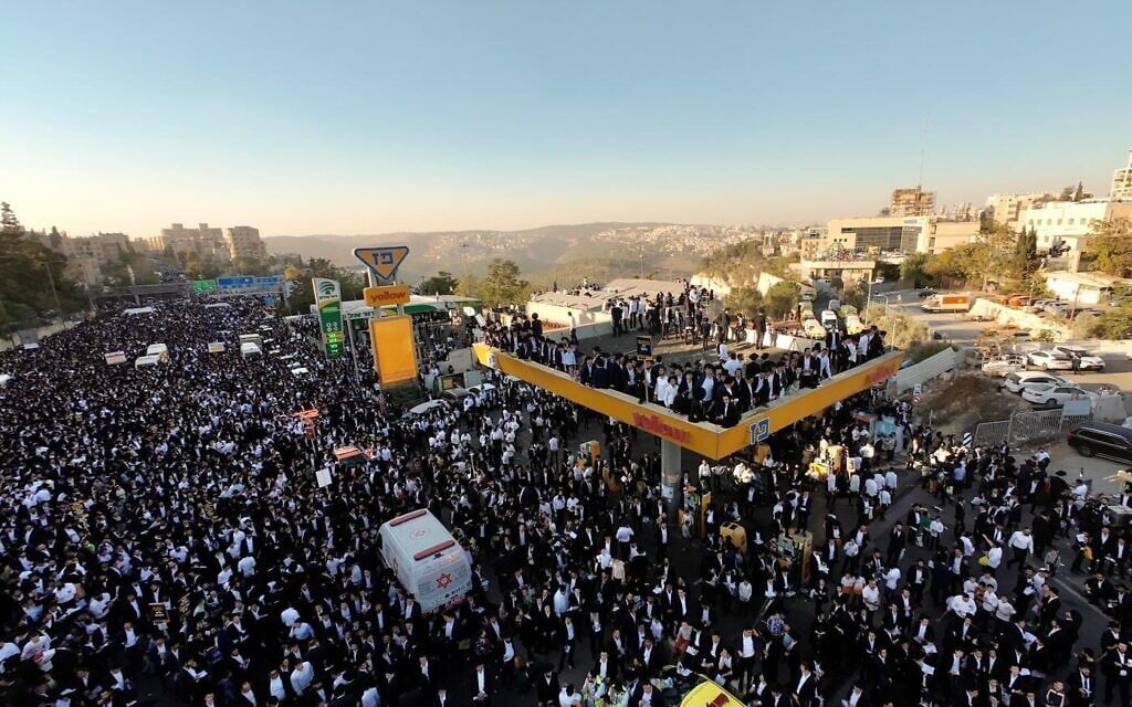 Ultra-Orthodox Jews protest against conscription into the Israel Defense Forces, in Jerusalem on October 30, 2025. (Eli Katzoff/The Times of Israel)